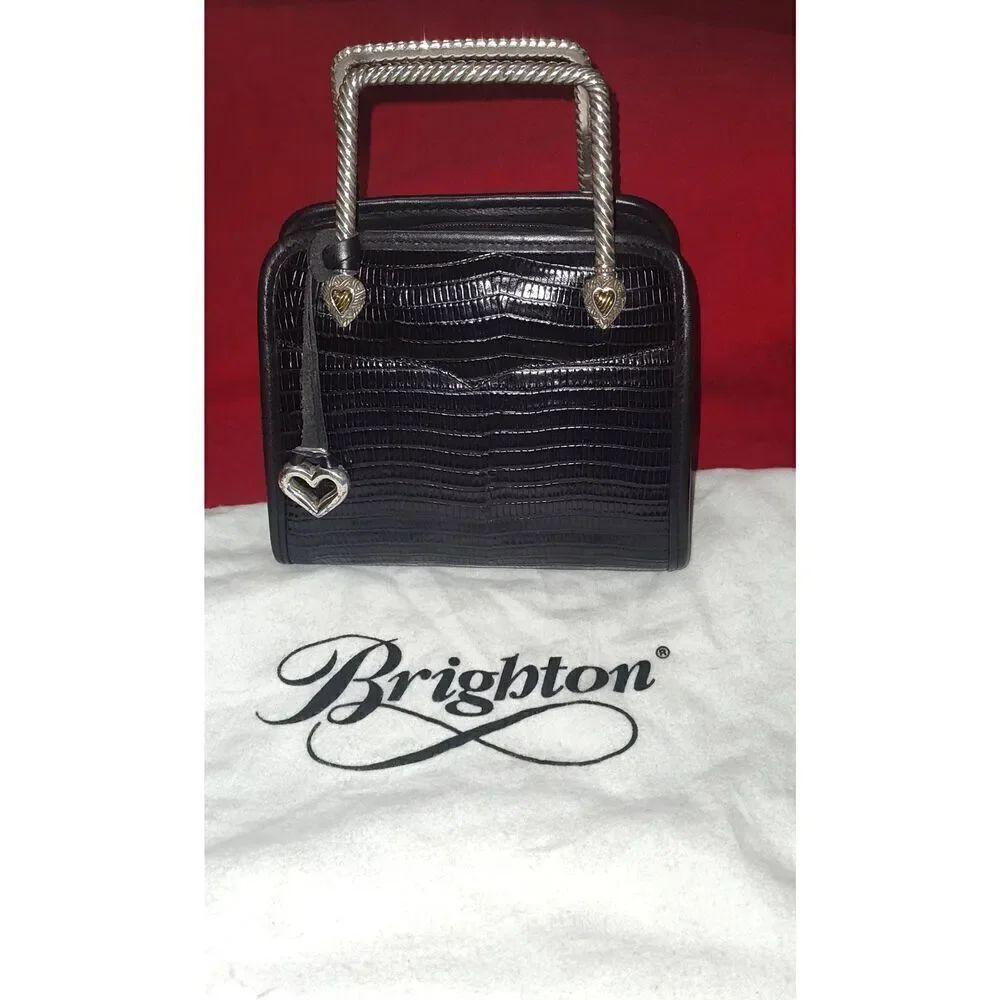 Vintage 1980s Brighton Black Croc Embossed Leather Double Metal Handle Box Purse